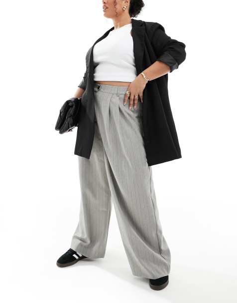 ASOS DESIGN Curve tailored wide leg trousers in the grey textured stripe - view 1