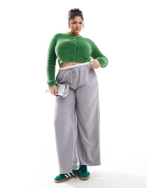 ASOS DESIGN Curve tailored wide leg trousers with contrast waistband in grey stripe - view 1