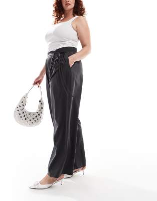 ASOS Curve ASOS DESIGN Curve tailored wide leg trousers with wrap tie detail in grey