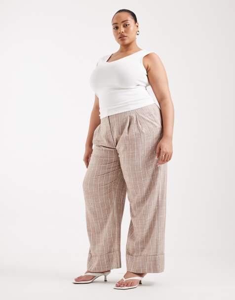 ASOS DESIGN Curve tailored wide leg turn up with linen in stripe 