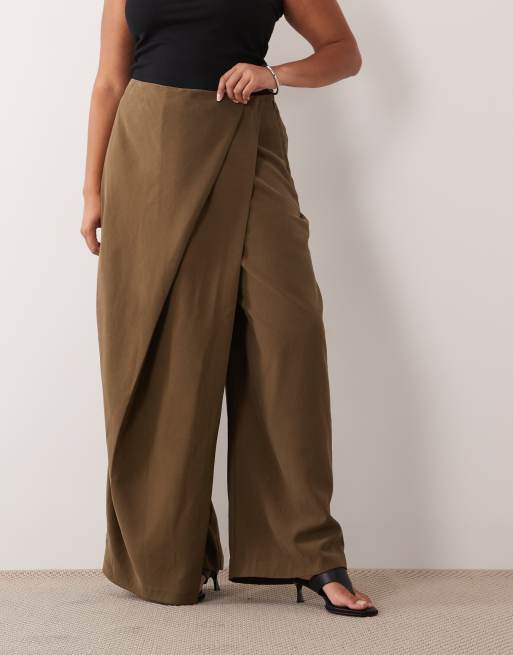 ASOS DESIGN Curve tailored wrap waist wide leg pants in olive, 2 of 5