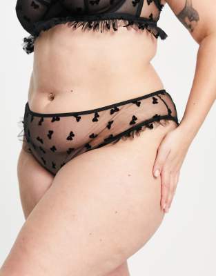 ASOS DESIGN Curve Tallulah flocked bow mesh brazilian brief in black