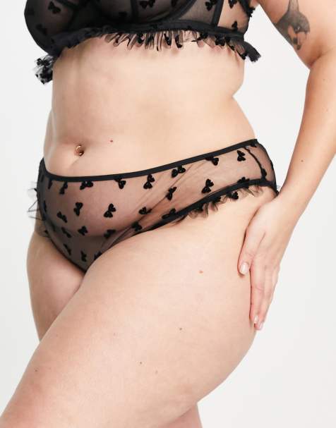 ASOS DESIGN Curve Tallulah flocked bow mesh brazilian brief in black - view 1