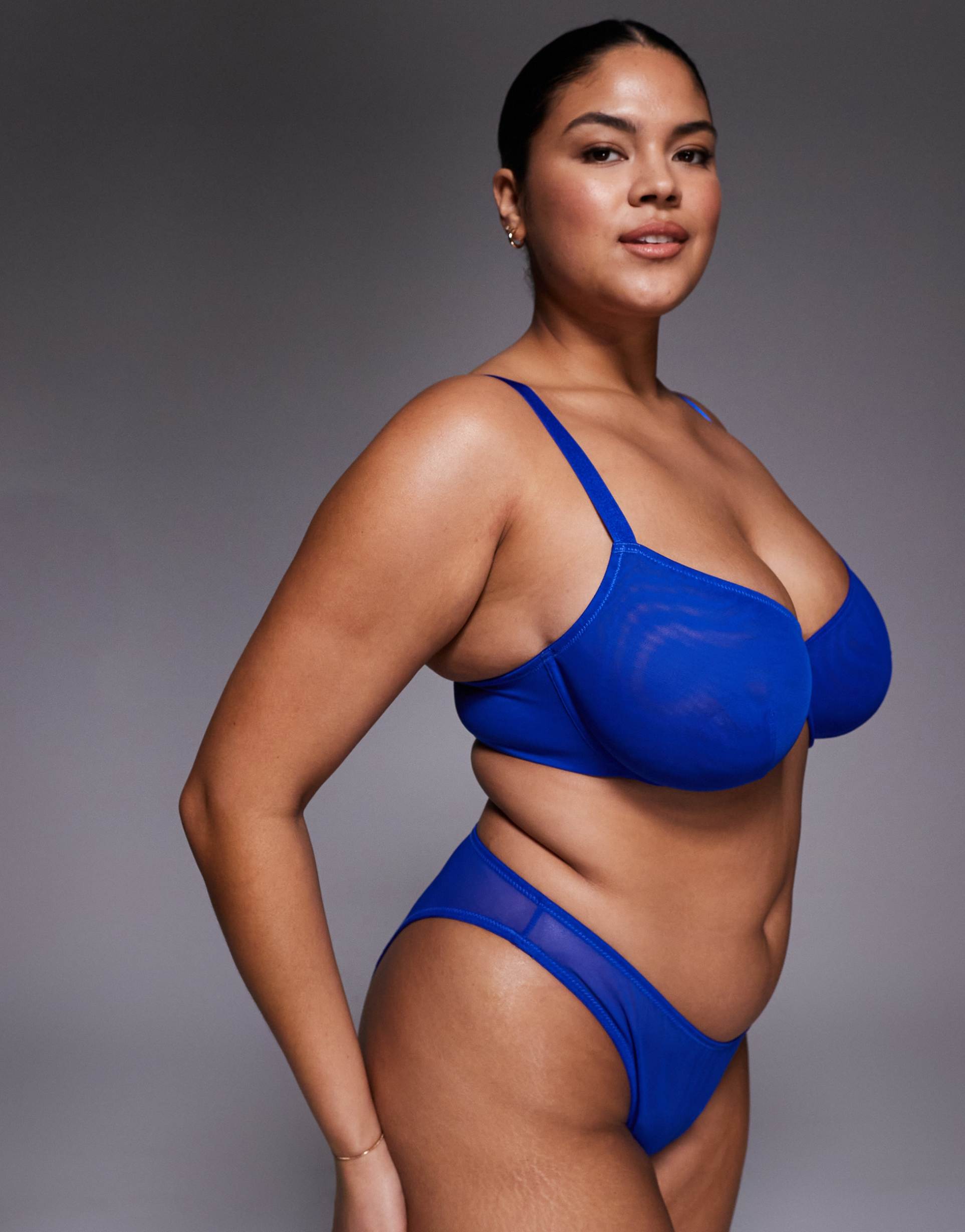asos design curve tammy mesh underwire balcony bra in cobalt