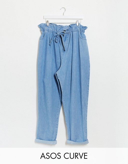 ASOS DESIGN Curve tapered leg jeans with paper bag waist in light vintage wash