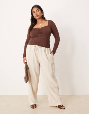 ASOS DESIGN ASOS DESIGN Curve tapered linen look pull on trousers in stone-Neutral