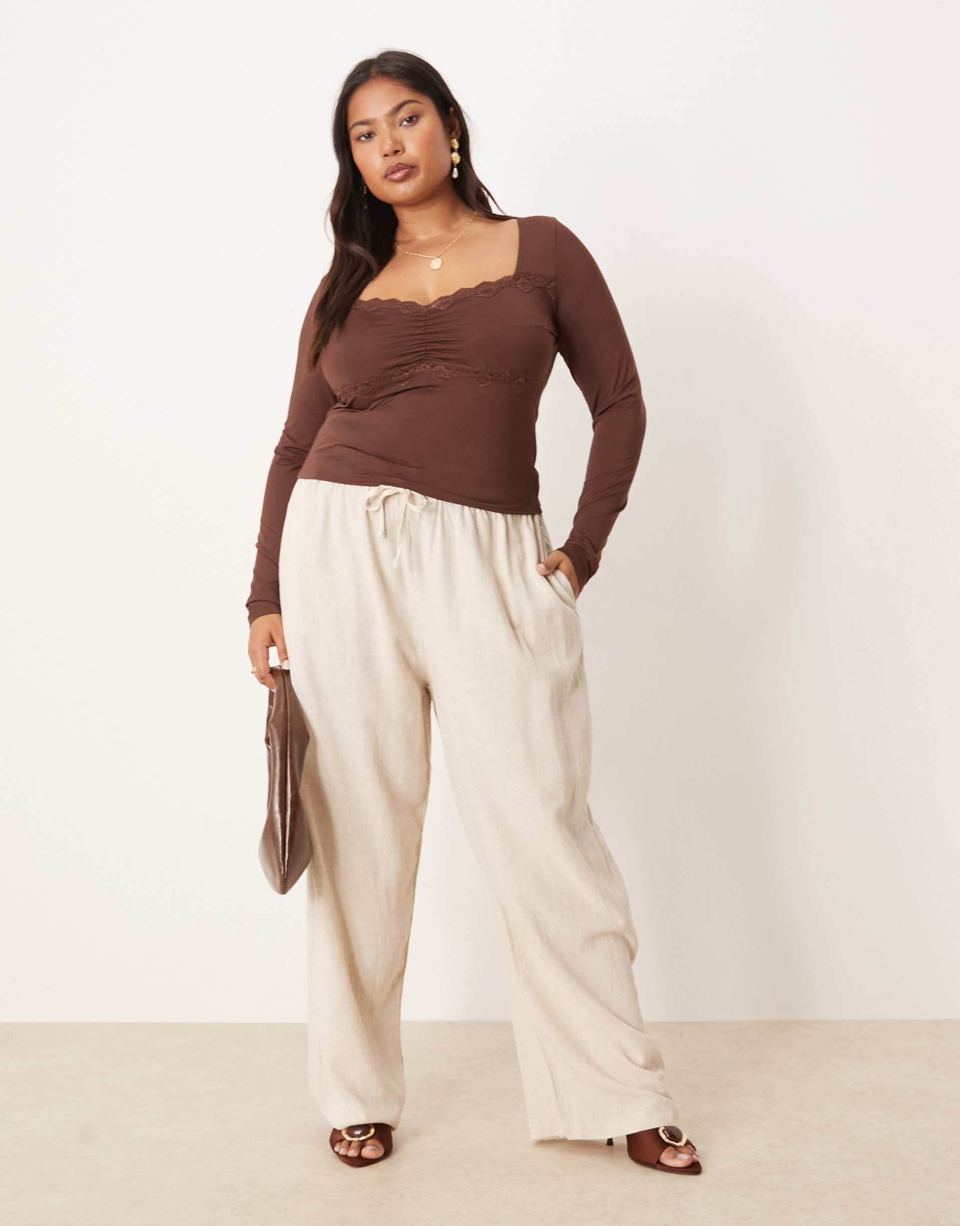 asos design curve tapered linen mix pull on pants in stone