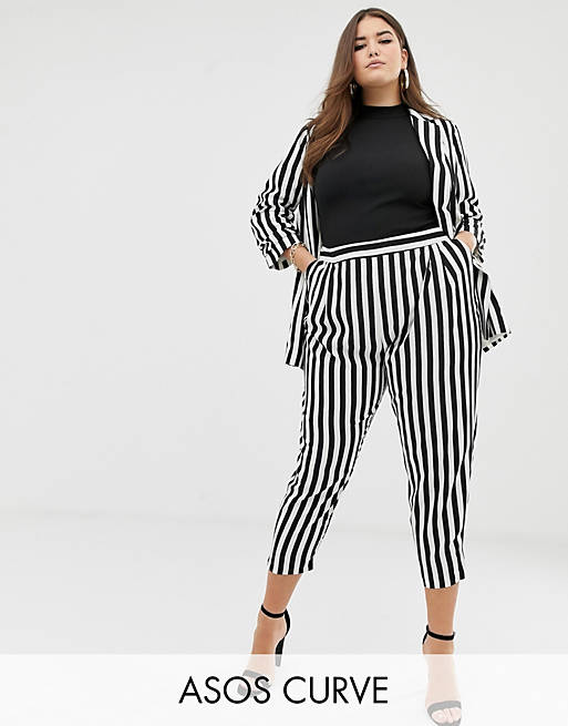ASOS DESIGN Curve tapered suit trousers in bold mono stripe