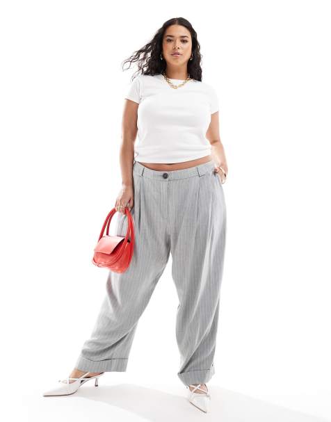 ASOS DESIGN Curve tapered tailored trousers with turn up hem in stripe - view 1