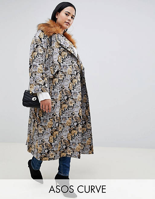ASOS DESIGN Curve tapestry coat with faux fur collar