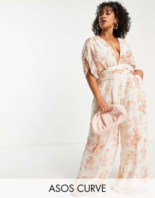 ASOS DESIGN Curve – Tapetblommig jumpsuit med djup urringning, vida ben och hårsjal