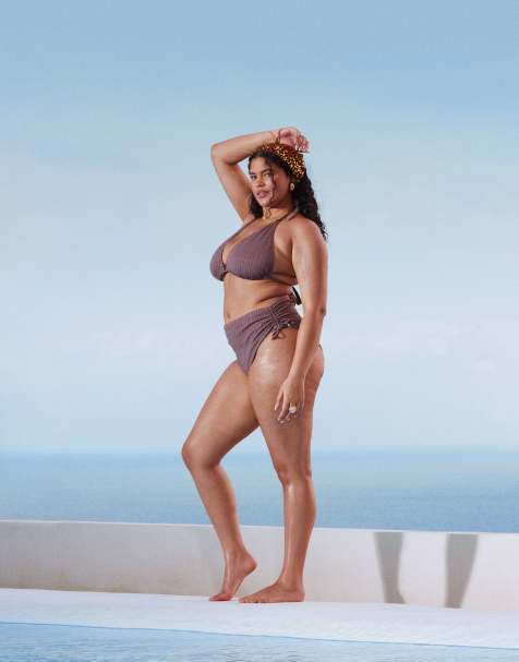 ASOS DESIGN Curve – Tayla – Brązowe bikini ze złotymi koralikami - view 1