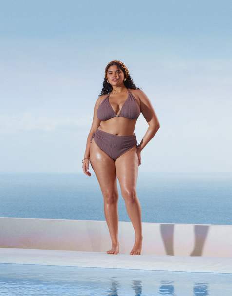 ASOS DESIGN Curve Tayla high leg high waist bikini bottom with gold bead trim in brown