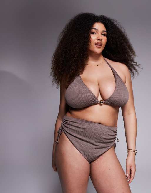 ASOS DESIGN Curve – Tayla – Brązowy wycięty dół bikini z podwyższonym stanem