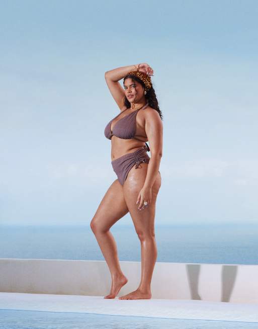 ASOS DESIGN Curve – Tayla – Brun bikini med guldfärgad, pärlad detalj