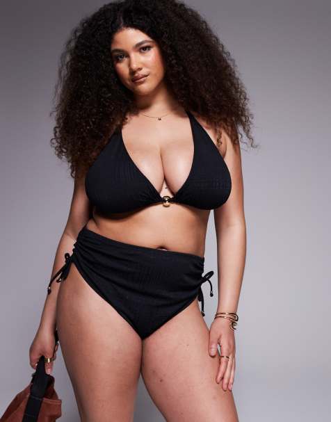 ASOS DESIGN Curve Tayla high leg high waist bikini bottom with gold bead trim in black