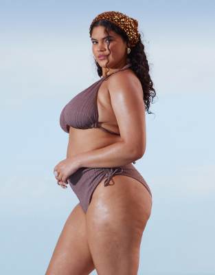 Asos Curve Asos Design Curve Tayla High Leg High Waist Bikini Bottoms In Brown