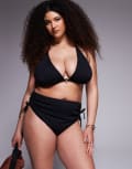 [ASOS Curve] ASOS DESIGN Curve Tayla high leg high waist bikini bottoms with gold bead trim in black 22 Black