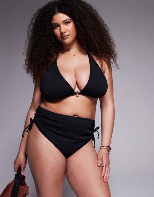 ASOS DESIGN Curve - Tayla - Slip bikini a vita alta sgambati neri con perline color oro