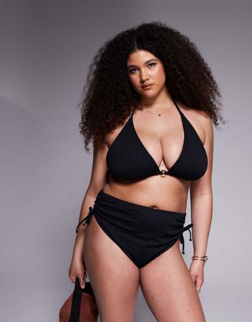 ASOS DESIGN Curve - Tayla - Sort longline-trekantsbikinitop med guldfarvet perledetalje, 2 af 4