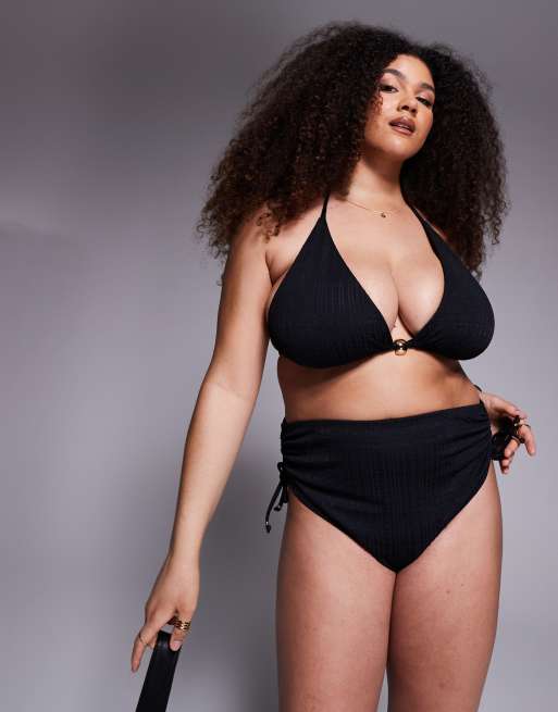 ASOS DESIGN Curve – Tayla – Svart bikiniöverdel i trekantsmodell med hög övre kupkant och guldfärgad pärla