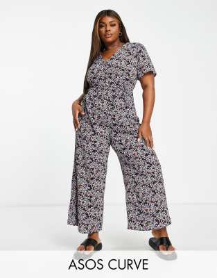 Asos Design Curve Tea Button Front Jumpsuit In Lilac Floral-Multi
