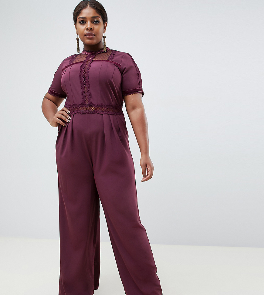 ASOS DESIGN Curve tea jumpsuit with lace inserts-Purple