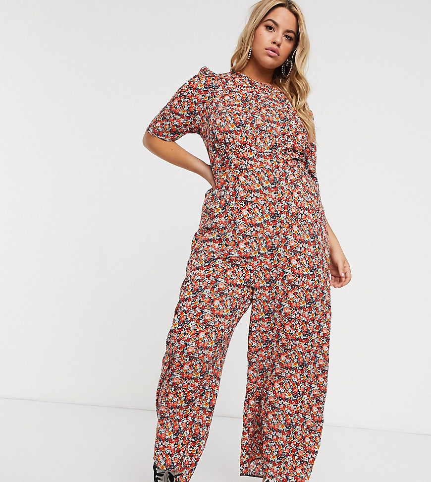 ASOS DESIGN Curve tea jumpsuit with self button detail in mixed floral print-Multi