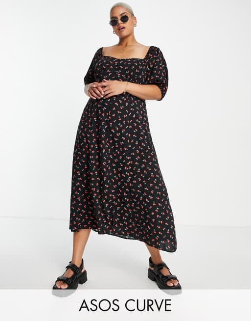 ASOS DESIGN Curve - Tea-midikjole med skåle og knapper i kirsebærprint