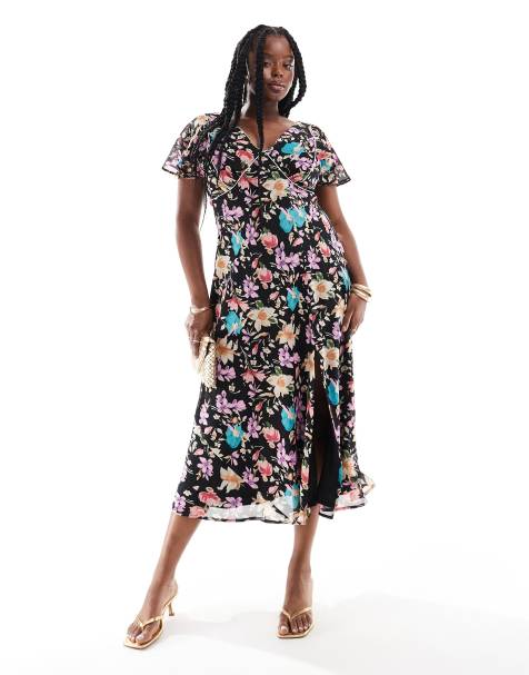 ASOS DESIGN Curve - Tea-midikjole med sømdetaljer og mørkt blomstermønster - view 1