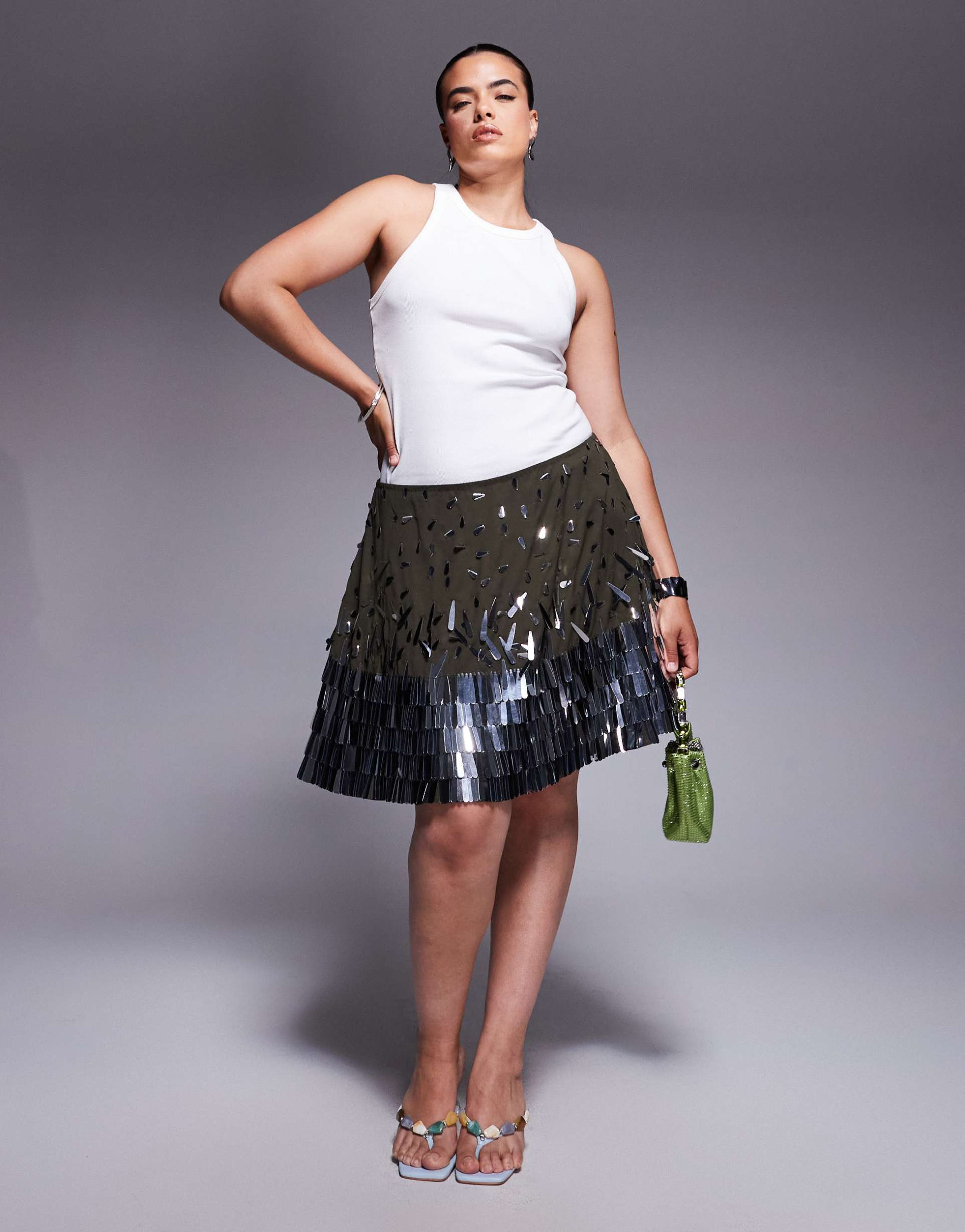 asos design curve tear drop sequin mini skirt in green