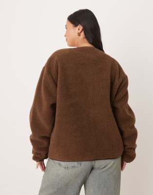 Asos Curve Asos Design Curve Teddy Cardigan With Pu Trim In Brown