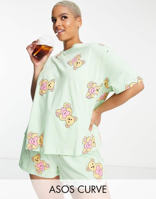 ASOS DESIGN Curve teddy oversized tee & short pyjama set in mint