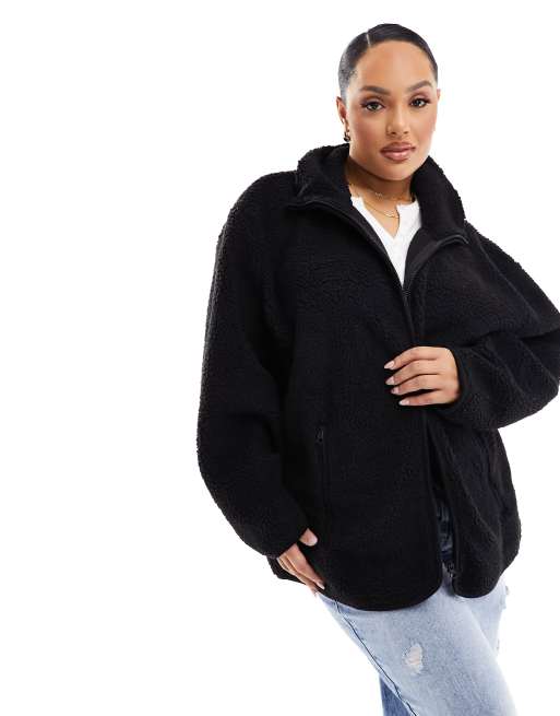 FhyzicsShops DESIGN Curve – Teddyfleece-Sweatshirt in Schwarz mit durchgehendem Reißverschluss