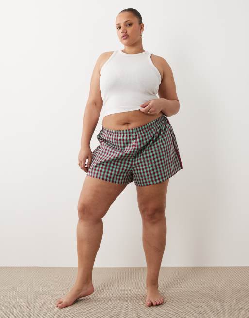 ASOS DESIGN Curve - Teksturerede pyjamas-boksershorts med blondekanter og mintgrønne og bordeaux gingham-tern, 2 af 5