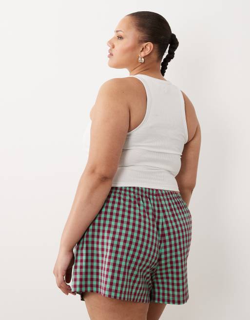 ASOS DESIGN Curve - Teksturerede pyjamas-boksershorts med blondekanter og mintgrønne og bordeaux gingham-tern, 5 af 5