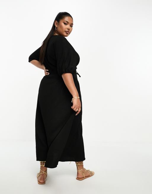 ASOS DESIGN Curve - Tekstureret slå-om-midikjole med bindebånd i siden i sort krølstof, 3 af 4