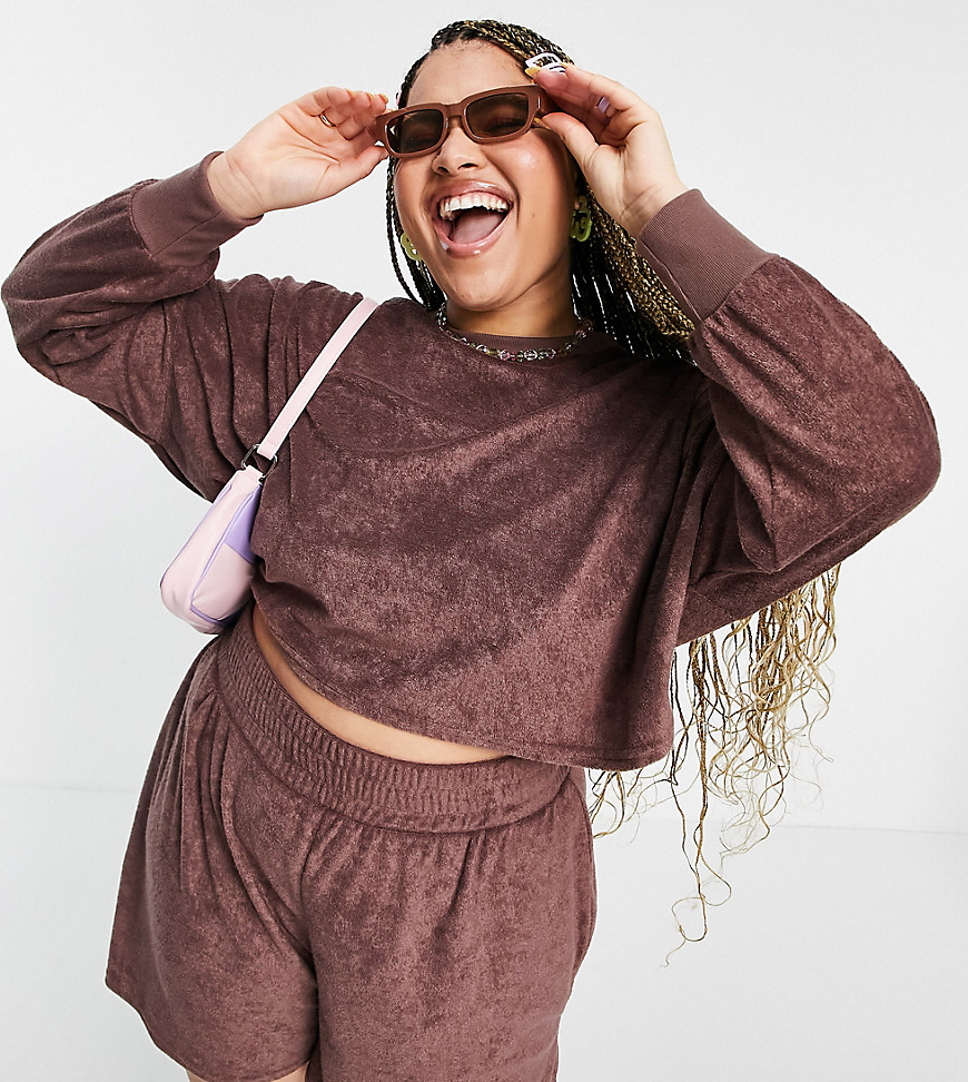 ASOS DESIGN Curve terry oversized cropped sweat in chocolate - part of a set-Brown
