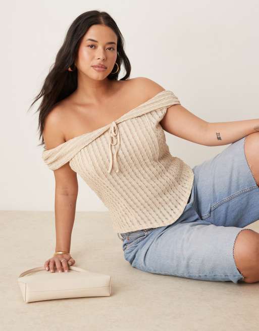 ASOS DESIGN Curve texture off the shoulder short sleeve top with tie detail in stone
