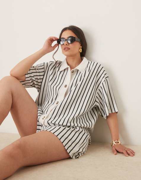 ASOS DESIGN Curve texture resort shirt in cream and navy stripe (part of a set) - view 1