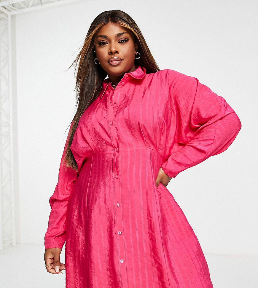 ASOS DESIGN Curve texture stripe volume sleeve mini shirt dress in hot pink