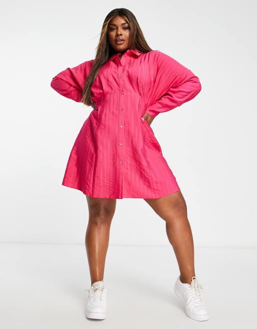 ASOS DESIGN Curve texture stripe volume sleeve mini shirt dress in hot pink