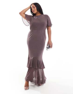 ASOS DESIGN Curve textured angel sleeve tiered frill maxi dress in plum in mauve-Multi