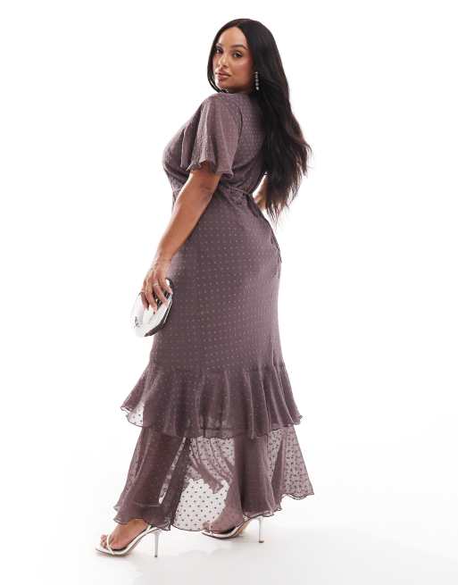 ASOS DESIGN Curve textured angel sleeve tiered frill maxi dress in plum in mauve