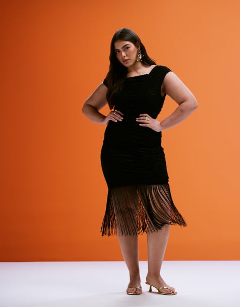 ASOS DESIGN Curve textured asymmetric neckline midi dress with fringe hem in black - view 1