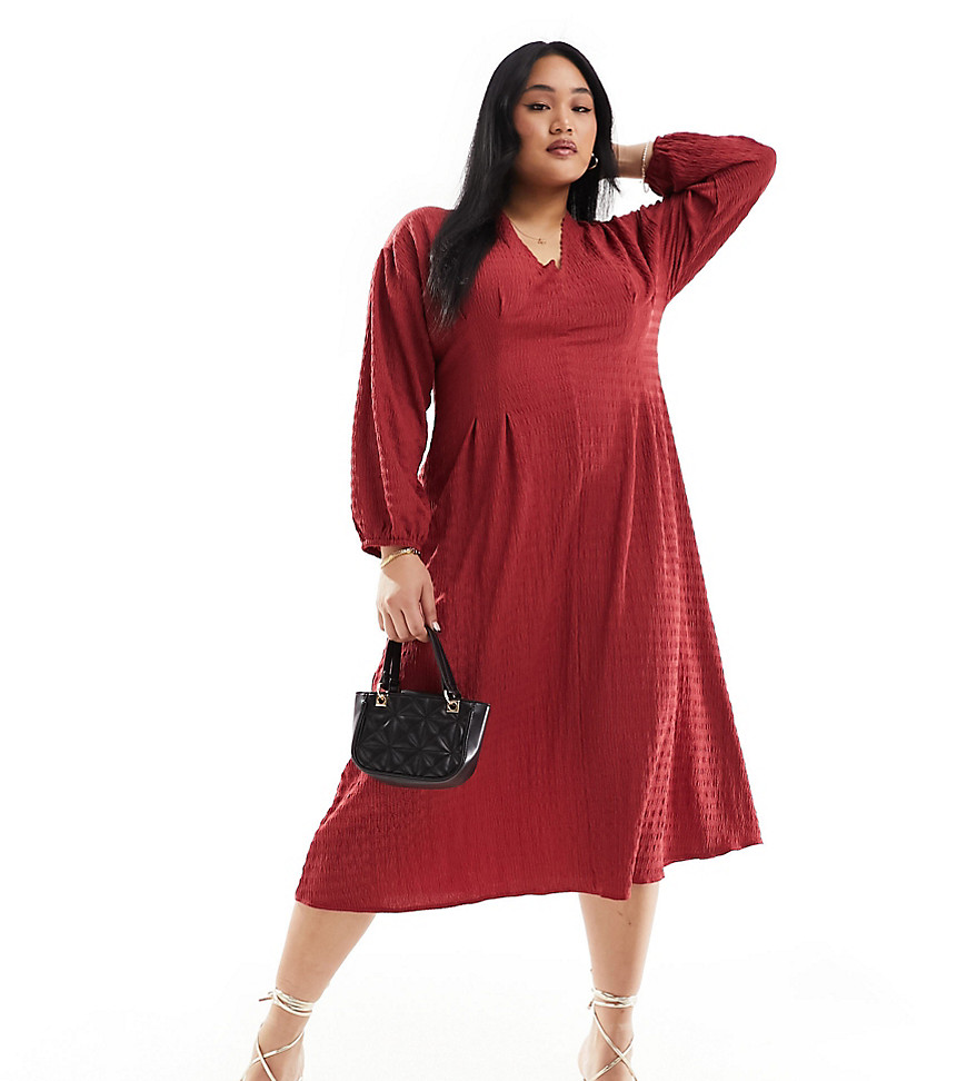 Asos Curve Asos Design Curve Textured Balloon Sleeve Midi Dress In Raspberry In Red