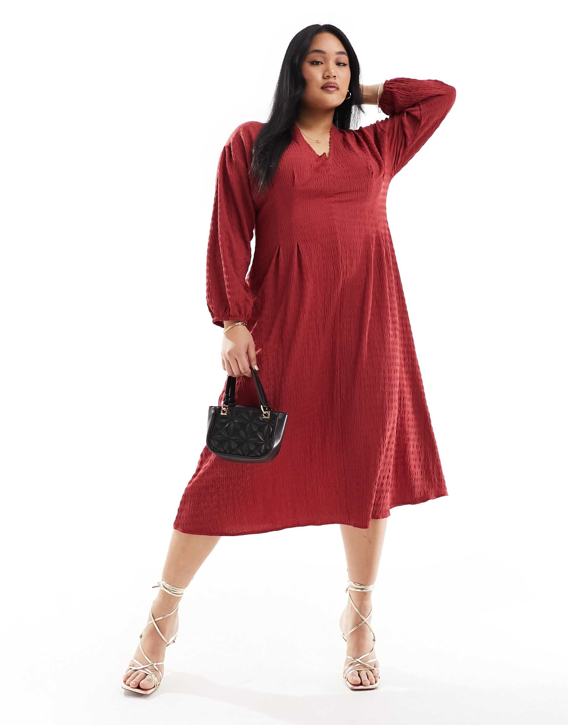 asos design curve textured balloon sleeve midi dress in raspberry