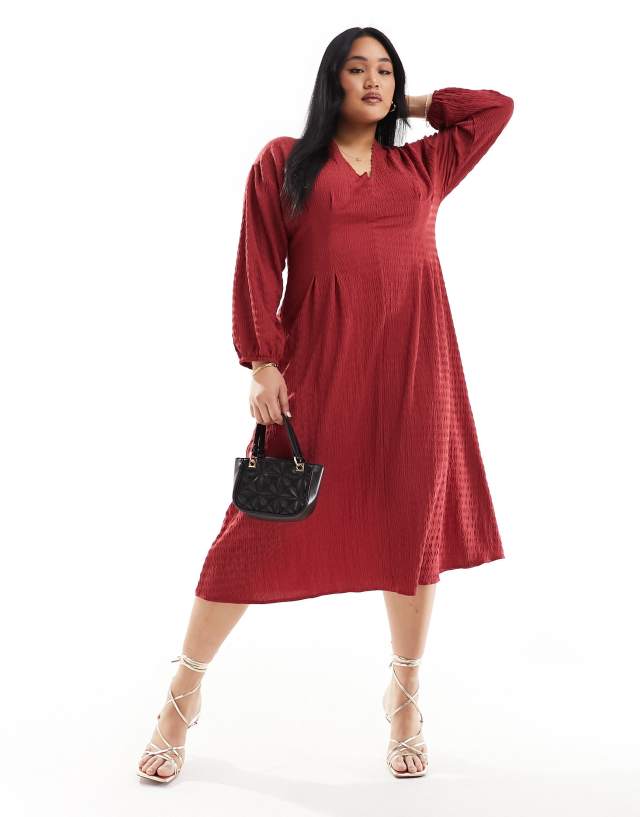 ASOS Curve - ASOS DESIGN Curve textured balloon sleeve midi dress in raspberry