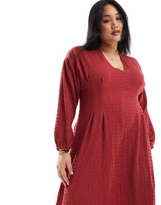asos design curve textured balloon sleeve midi dress in raspberry