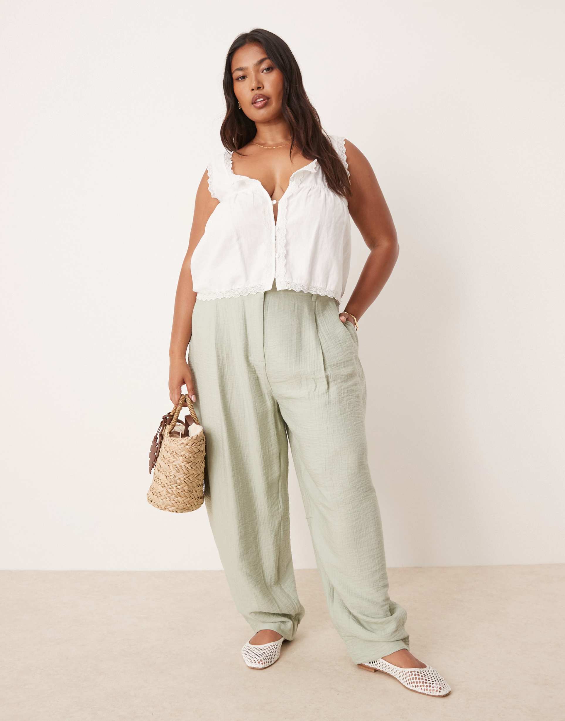asos design curve textured barrel pants in sage